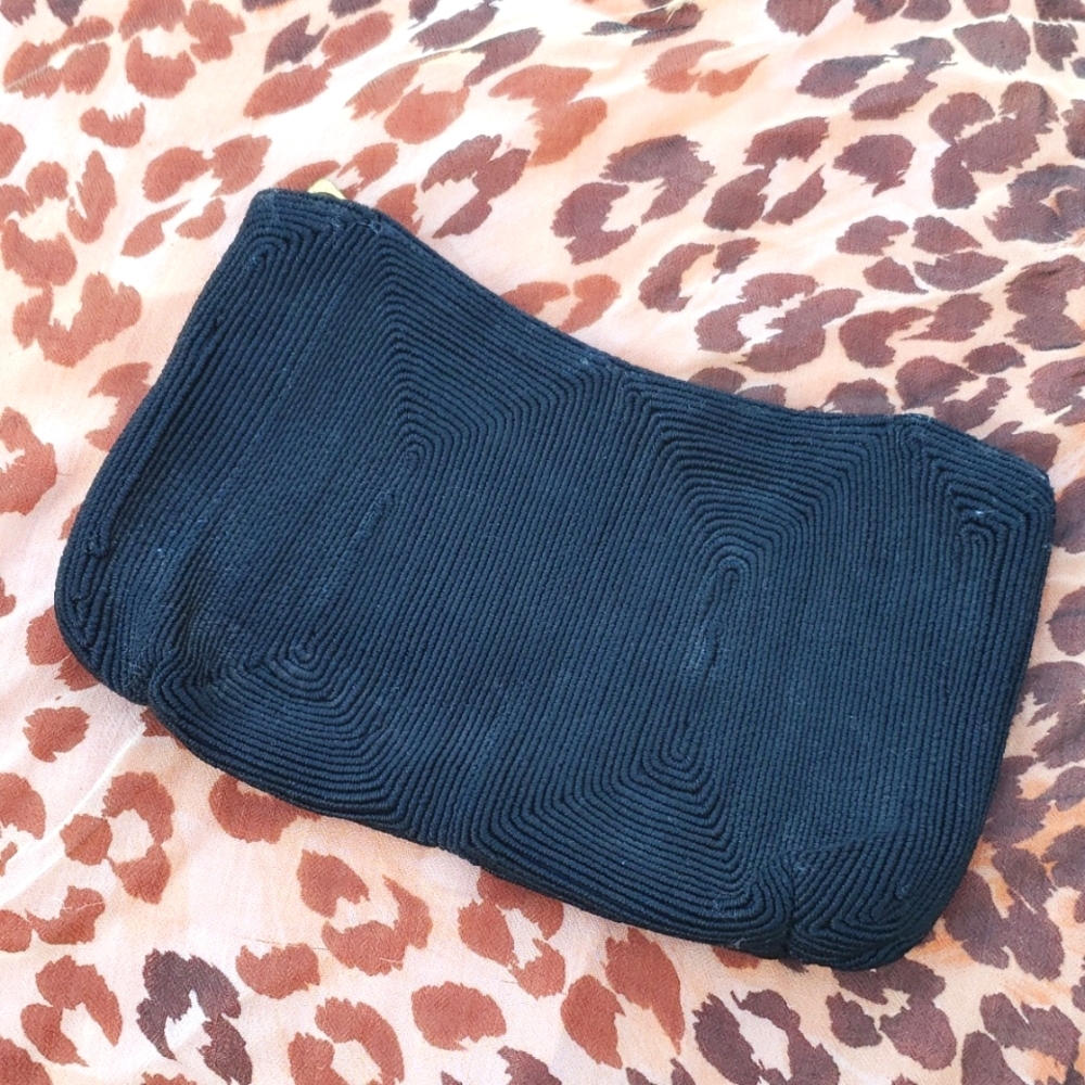 Vintage Shawy 30-40's Imported Black Corde Zipper Clutch Bag